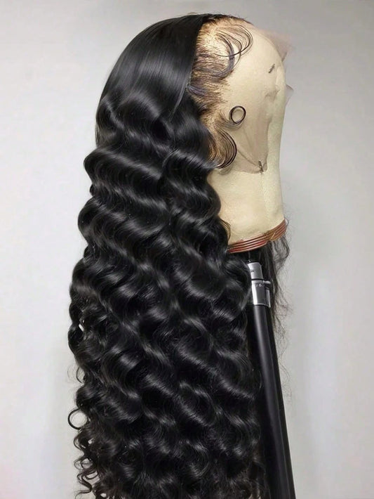 Natural Black 13x4 Lace Frontal Wig Glueless Human Hair Wigs 30 Inch Deep Wave 180% Density